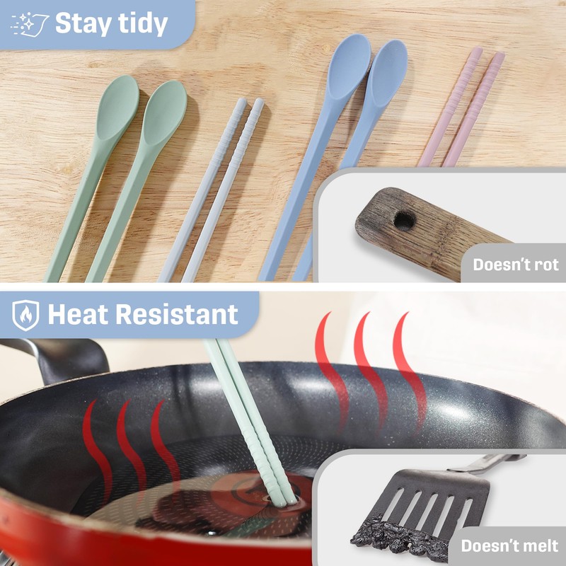 RECOHOME Reusable Long Silicone Cooking Chopsticks with Spoon 12 Inches