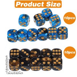 Trinkrittey 20 Pieces Dice Set D6 16 mm Acrylic Dice Polyhedral Six-Sided Game Cube Two-Tone Dice for Table Games (Blue Gold, Black Gold)
