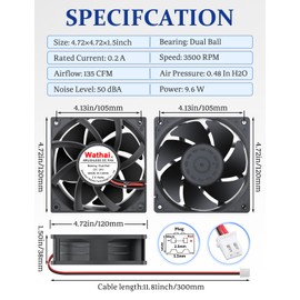 Wathai 1238 48V DC Brushless Cooling Fan 2Pin 120mm x 38mm Industrial Fan Dual Ball High Performance for DIY Cooling Project, Electronic Box, Welding Machine, Laser Machine, Server Cabinet