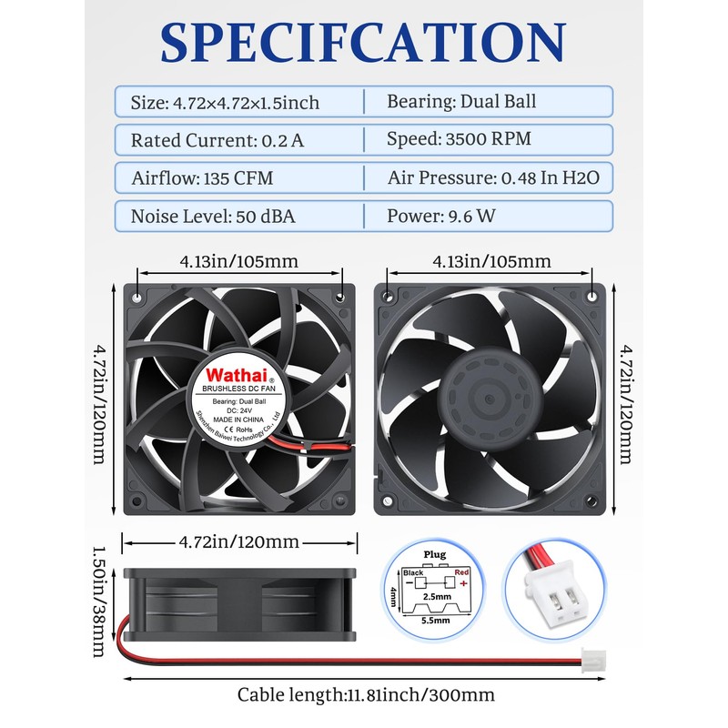 Wathai 1238 48V DC Brushless Cooling Fan 2Pin 120mm x