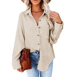SEMARO Womens Casual Long Sleeve Button Down Shirts Corduroy Oversized Boyfriend Blouse V Neck Loose Jacket Tops Apricot