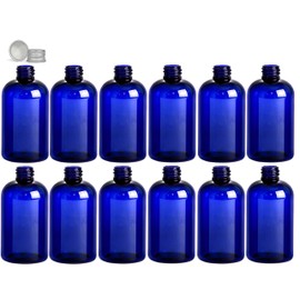 Premium Essential Oil 4 Ounce Boston Round Bottles, PET Plastic Empty Refillable BPA-Free, with Silver Aluminum Lined Non-Dispensing Caps (Pack of 12) (Blue)