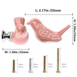 6 Pack Drawer Knobs Ceramic Cabinet Handles Bird Shape Cupboard Dresser Wardrobe Closet Door Cabinet Knobs Pull Handles Kitchen Furniture Knobs with Long Short Screws, Pink