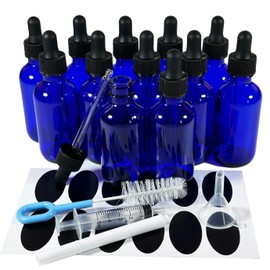 PIPIBA 12Pack 2oz (60ml) Round Drip Tip Glass Eye Droppers. Essential Oil Glass Bottle. For Lab Bottles (Blue)