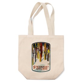 Lantern Press Steamboat Springs, Colorado, Colorful Skis, (100% Cotton Canvas Reusable Tote Bag)