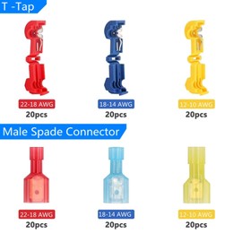 Premium T Tap Wire Terminals Kit, 120Pcs 6 Types Self-Stripping Wire Connectors with Nylon Insulation (Red 40Pcs, Blue 40Pcs, Yellow 40Pcs, Male Quick Disconnect)