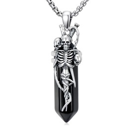 Lattd Skull Necklace with Black Obsidian 925 Sterling Silver Gothic Skeleton Pendant Goth Jewelry for Men Women