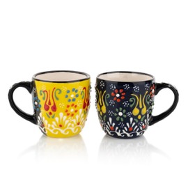 Ceramic Espresso Cups Set of 2, Cute Tea cups, 5.5 oz Demitasse Espresso cups with Handle, Modern Stackable Ceramic coffee cups Set for Lungo (Yellow/NavyBlue)