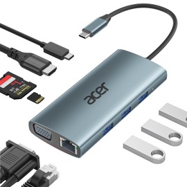 Acer Docking Station [9-in-1] USB C Hub Conversion Adapter Type-C RJ45 Wired LAN/HDMI 4K / VGA 1080P / 3x USB-A 3.0 / PD 100W / SD & MicroSD Card Reader, Type C Adapter for MacBook, iPad Pro, Dell XPS