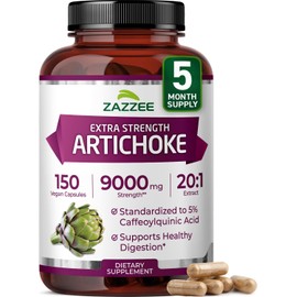 Zazzee Extra Strength Artichoke 20:1 Extract, 5% Caffeoylquinic Acid, 150 Vegan Capsules, 5 Month Supply, Cynara Scolymus, Digestive & Liver Detox Support, Herbal Supplement, Non-GMO, Made in the USA