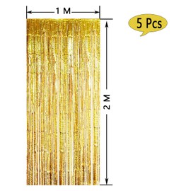 Torytoe Tinsel Curtains Gold, Pack of 5 Metallic Glitter Curtain Birthday 1 x 2 m Glitter Foils Fringe Tinsel Curtain Foil Fringe Curtain for Birthdays Festivals Wedding Party Stage Decoration