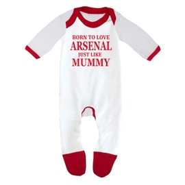 Bebe Dory Arsenal Baby Sleepsuit - 'Born To Love Arsenal Just Like Mummy - Soft 100% Combed Cotton Football-Themed Baby Sleepsuit for Football Fans (White/Red Trim, 0-3 Months)