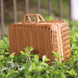Vintage Plastic Wicker Suitcase - Rattan Suitcase with Leather Rope Lock, Wicker Picnic Basket, Decorative Props Suitcase, Makeup Organizer for Miscellaneous Travel Camping and Outdoor Parties