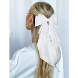 White Hair Bow, 2PCS White Bow for Hair Big Hair Bows Clips for Girls, Satin Hair Bows with Long Tail Alligator Hair Clips, Hair Bows for Women Large Hair Bow Hair Clips Accessories