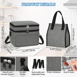 Lubardy 2pcs Insulated Lunch Bag, Waterproof Reusable with Removable Adjustable Shoulder Strap,Lunch Box for Women,for Picnic, Work,Grey