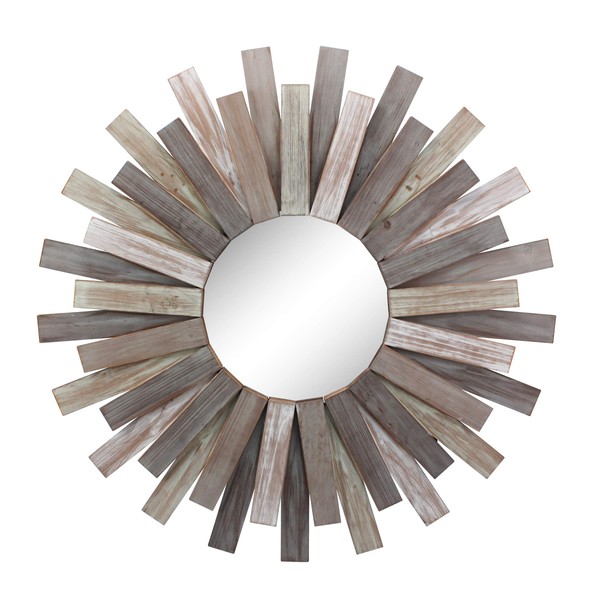 Stonebriar Large Round 32" Wooden Sunburst Wall Mirror with Attached Hanging Bracket, Decorative Rustic Decor for the Living Room, Bathroom, Bedroom, and Entryway