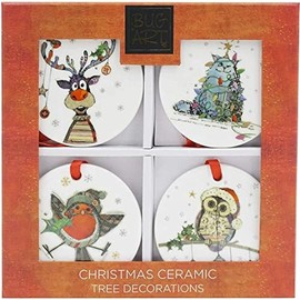 Bug Art Kooks Ceramic Xmas Christmas Tree Decorations Set of 4 Cat Owl Reindeer Robin