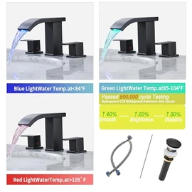 Bathroom faucets 3 Hole Widespread Modern Bathroom Sink Faucet 8 inch Matte Black Bathroom 3 Hole LED Light Waterfall Vanity Faucet Sink with Pop Up Drain (Matte Black)