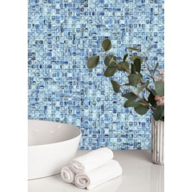CASAPALACE Peel and Stick Glass Tile, 12" x 12" Light Blue Square Mosaic Tiles Glass Backsplash Stick on Tiles for Kitchen Bathroom Wall (8-Sheet, 8 SQ.FT)