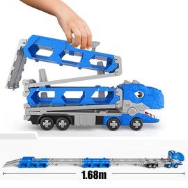 Dinosaur Toys for Kids 3-5, Dinosaur Truck with 12 Pull Back Cars, Small Cars Set, Birthday Gifts Toys for 3 4 5+ Year Old Boy, Transport Carrier Truck for Toddlers 3-4 Years (Blue)