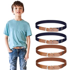 Pack of 4 Boys Girls Elastic Belt - Adjustable Buckle Belt with Leather for Children from 3-15 Years, 2 Navy/2 Brown