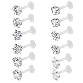 ZeSen Jewelry 12Pcs 16G Clear Bioflex CZ Stone Labret Monroe Lip Ring Helix Tragus Cartilage Earrings Stud Piercing (12Pcs (4mm cz))