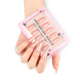 Almond Press-On Nails – 30 Pcs Glossy Chrome, French Tip & Solid Color Nail Set with Glue & Adhesive Tabs | PMMA Coated Reusable False Nails for Women & Teens (Rose Mirror, Medium)
