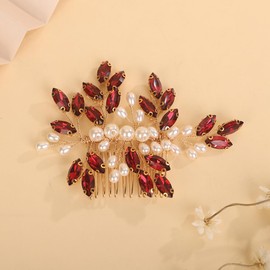 Teyglen Wine Red Rhinestone Wedding Hair Comb Bridal Pearl Crystal Hair Comb Hair Accessories for Bride Headpiece Hair Piece for Women (Wine red)