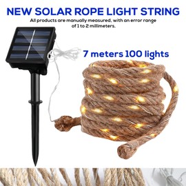 Solar Fairy Lights Rope, 7 m Solar Fairy Lights Outdoor, Garden Light with 100 LEDs, IP65 Cotton Rope Solar Fairy Lights Outdoor, Solar Rope Lights for Garden, Balcony, Patio, Christmas Party, Warm