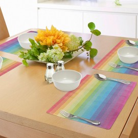 ABAKUHAUS Vintage Rainbow Place Mats, Pack of 8, Vintage Abstract Lines with Rainbow Dyes Dirt Old Fashioned Stripes, Washable Fabric Dining Room Kitchen Table Decorations, Multicoloured