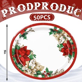 JarThenaAMCS 50Pcs Christmas Floral Oval Paper Plates Poinsettia Flower Holly Disposable Plates 9 Inch Xmas Tableware Plates for Wedding Holiday Party Decor Supplies