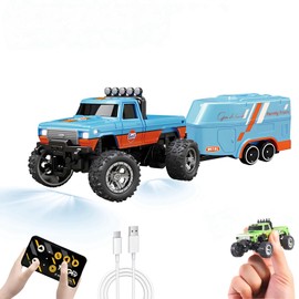 EXVQMU Mini RC Car, 1/64 Scale Mini Remote Control Monster Truck with Trailer, 2.4Ghz & APP Remote Control, Rechargeable Alloy Shell Mini RC Cars with Lights, Speed/Steering Adjustable (Blue-b)