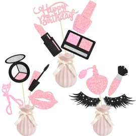 12Pcs Glitter Makeup Party Centerpiece Sticks Spa Makeup Party Decorations Cosmetics Lipstick Eyelashes Perfume Theme Table Centerpiece for Girls Women Birthday Party Party Bridal Shower Supplies