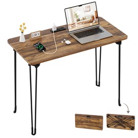 coeztt Folding Desk, 31.5" Hairpin Legs Small Desk with Power Strip for Bedroom, Space Saving Foldable Computer Desk for Home Office, No Assembly Need,Brown