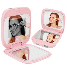 HiPai Travel Compact Mirror with UV Camera for Sunscreen Test,1x/2x Magnifying Mirror with LED Lights,Handheld 2-Sided Brightness Dimmable,Portable Makeup Mirror for Handbag Pocket,Pink