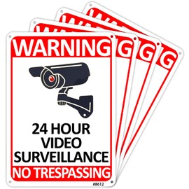4-Pack 24 Hour Video Surveillance Warning Signs, 10x7 inch Aluminum UV Printed No Trespassing Security Alert, Durable Camera Monitoring Plaque for Property Protection