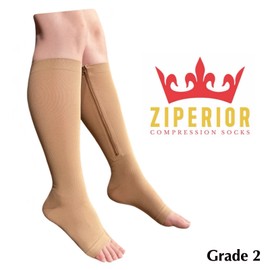 Ziperior Inside Leg Zipper 20-30 mmHg Compression Grade Calf Open Toe Socks (Nude, X-Small)