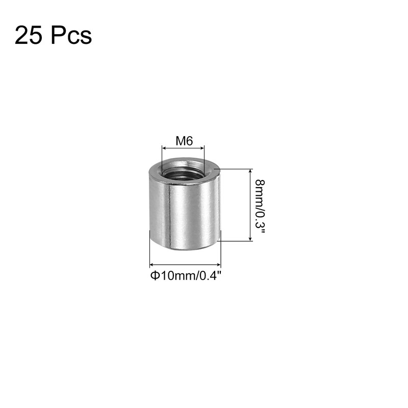 sourcing map M6x1mm Round Coupling Nuts, 25 Pcs 304 Stainless