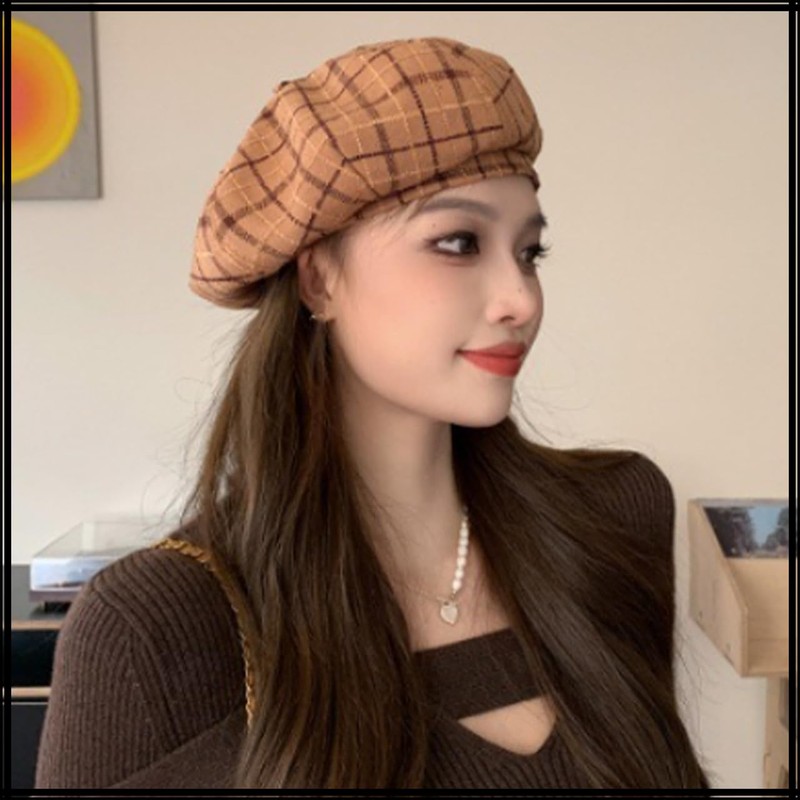 White Fang CZ377 Women's Beret Hat, Natural Check Mocha, Cute,