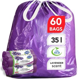 Stella Garbage Bag Bin Bags Liners - 60 pcs - Eco-Friendly and Recyclable - Made from Waste Plastic - Ultra-Strong & Flexible Trash Bags - Lavender Scent & Purple Colour - 35 L - Drawstring Type