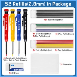 Bestpty 4PCS Carpenter Pencil with Sharpener Set, Mechanical Pencils with 52 Refills An eraser, Heavy Duty Woodworking Pencils for Architect for Construction with Case(Black, Red, Yellow, Blue)