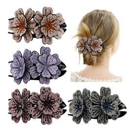 inSowni Paquete de 4 pinzas de lujo con cristales brillantes brillantes de diamantes de imitación de doble flor para el pelo, horquillas para el cabello grueso y largo
