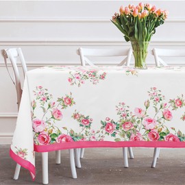 Bnejvif Pink Rectangle Tablecloth, Floral Tablecloth, Pink Flowers Print Table Cloth, Spring Summer Waterproof Wrinkle Free Rectangle Tablecloth for Rectangle Tables 60 X 84, 60 X 102, 60 X 120 Inch
