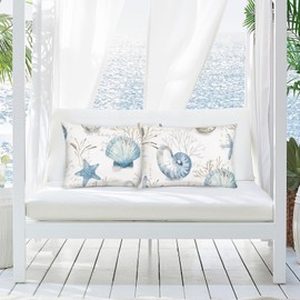 Bonhause Nautical Coastal Cushion Covers 30 x 50 cm Conch Seashell Coral Starfish Ocean Themed Throw Pillow Covers for Sofa Couch Bed Patio Home Seaside Decor Set of 2