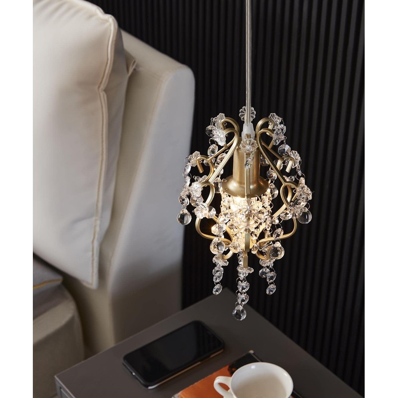 Surpars House Elegant Mini Chandelier Plug in Crystal Pendant Light,Golden