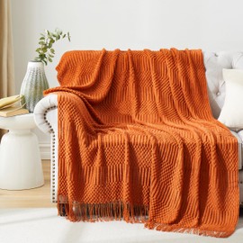 HommxJF Orange Knitted Decorative Throw Blankets for Couch, Bedroom and Officeroom,Textured Fade Resistant Soft and Warm Knit Blanket with Tassel,50"x60"