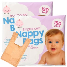Fragranced Nappy Disposable Bags 2 x 150 pcs with Tie Handle | Antibacterial Nappy Sacks | Leakproof Bags | Essentials for Newborn and Young Babies | Travel or Home Use