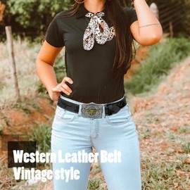 SUOSDEY - Cinturón de piel occidental para mujer, cinturón de vaquero para jeans, pantalones de cuerno largo, cinturón de hebilla grande, Negro-Plata, For waist 34"-37"