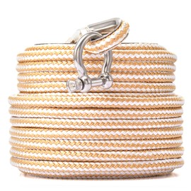 RainierSupplyCo Boat Anchor Rope - Double Braided Marine Rope Anchor Line - 50 ft x 1/4 Inch Nylon Boating Line with 316 Stainless Steel and Heavy Duty Marine Grade Bow Shackle - White/Gold