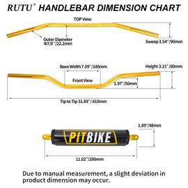 Motorcycle Handlebars 7/8 Inch,RUTU Universal Dirt Bike Handle Bar with Crossbar Pad Low-Rise Drag Bar for Motocross ATV Quad-Golden